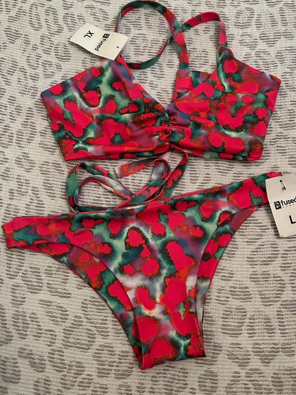 Fused Bright Pink & Teal Leopard Print Bikini Set